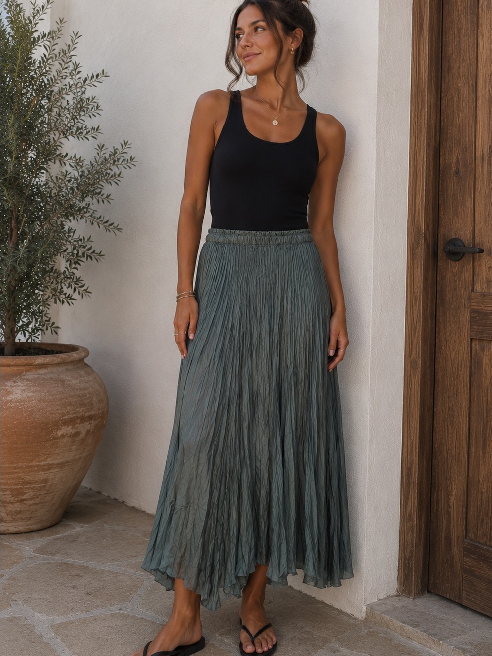 Young Fabulous & Broke NWT Crinkled Maxi Skirt Steel Green Medium Boho